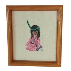 VTG Cross Stitch Native American Girl Pink Dress Green Feather Framed DeGrazia